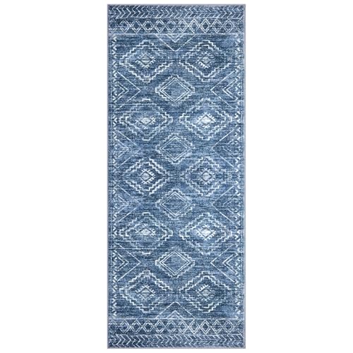 KILOCOCO Washable Runner Rug 2x5 ft Hallway Runners, Stonewashed Blue | Non Slip Runner Rug, Printed Kitchen Runner Rug, Low-Pile Entryway Runners, Soft Geometric Rugs for Bedroom Hall Living Room - color: Stonewashed Blue, size: 2' x 5' (Runner)