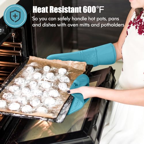 Oven Mitt and Pot Holders Sets, Quilted Cotton Terry Cloth,Non-Slip Pot Holder, Silicone Oven Mitt Heat Resistant, Oven Mittens 7.3"x14.2", Hot Pad 7"x10" & Dish Cloths 13"x25" - color: Lake Blue