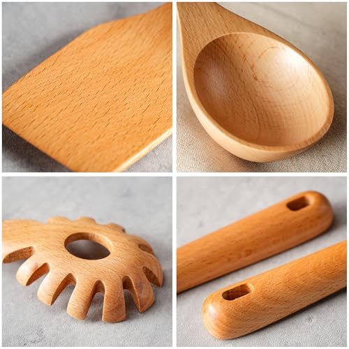 11 PCS WOSPONFAN Kitchen Utensils Set - Wooden Spoons for Cooking, Natural Beech Wood Wooden Utensils - Includes Wooden Spoons, Spatula Set, Slotted Spoon - Handmade Wooden Spoon Set | Heat Resistant, Non-Scratch, Safe for Nonstick Pan, Easy to Clean, Dai