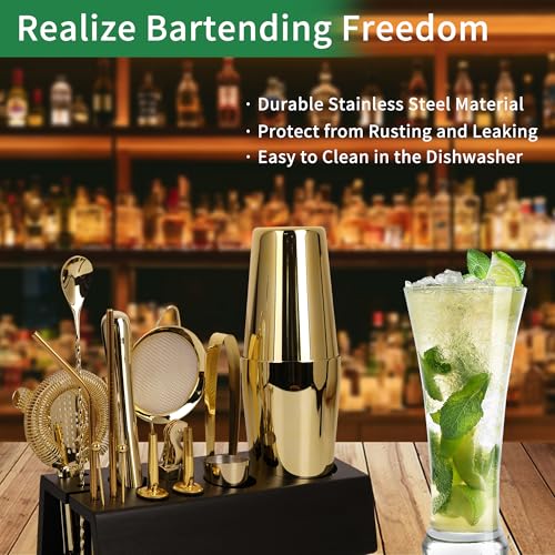 15-Piece Gold Cocktail Shaker Set Bartender Kit with Bamboo Stand | Stainless Steel Bar Set Accessories, Professional Bartending Kit Home Bar Tools Set with Recipes (Gold, Black Stand) - color: Gold, size: Black Stand