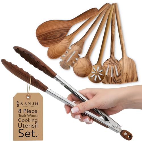 SANJH Teak Wooden Utensil Set for Cooking - 8 Piece Teak Wooden Spoons Set | Spatula Scraper Pasta Spoon Rice Paddle Tongs, Smooth Sanded Finish, Comfortable Grip Handles, Gentle on Cookware
