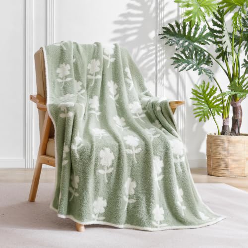 Snuggle Sac Twin Size Bedding Blanket, Sage Green Flower Throw Blanket for Couch, Microfiber Fluffy Warm Cozy Fuzzy Soft Reversible Blankets, Sage Green, 60x80 inches - color: Flower Green, size: Twin(60"x 80")