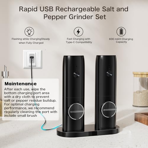 Electric Salt and Pepper Grinder Set of 2, Automatic Pepper Mill,USB Rechargeable, Adjustable Coarseness, One-handed Operation, Ceramic Burr,Refillable, Auto Grinders with Charging Base LED Light