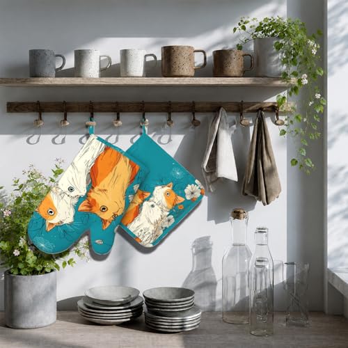 Cute Cat Kitten Oven Mitts and Pot Holders Sets Non-Slip Silicone Surface for BBQ Gloves,Kitchen,Cooking,Baking,Grilling - color: Cute Cat Kitten