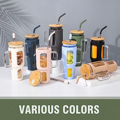 WINSA Glass Tumbler with Lid and Straw, 46 oz, Olive | Iced Coffee Cup with Handle, Large Water Bottle with Silicone Sleeve, Pearl Straw & Drinking Straw, BPA Free - color: Olive, size: 46 Ounces