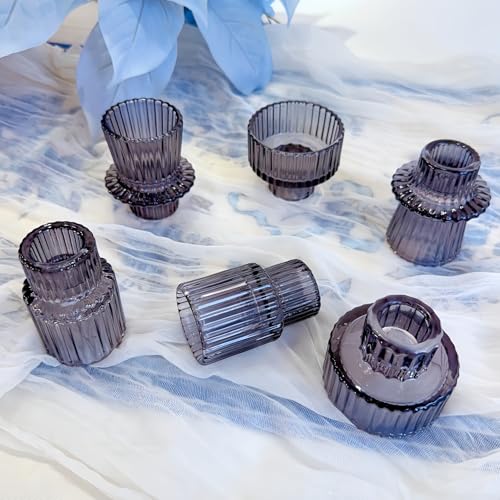 Glass Candlestick Holders, Taper Candle Holders, Set of 6, Gray | Double-sided ribbed glass taper candle holders for wedding centerpieces, parties, Christmas,Halloween, and home deco - color: Gray, size: 6 PCS