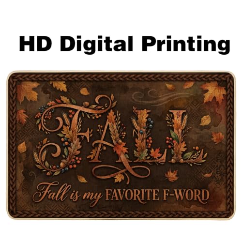 Leaves Welcome Door Mat, Seasonal Rustic Pumpkins Text Fall Brown Washable Low Profile Decorative Doormat for House Office Outside Inside Entrance Decor 29x17 Inch