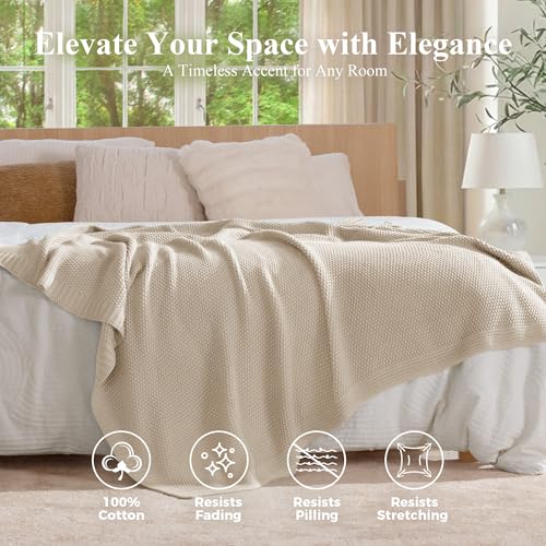 100% Cotton Cable Knit Throw Blanket, Large Lightweight Soft Knit Blanket for Sofa Couch Bed, Breathable All-Season Throw, Cozy Decorative Blanket, 60 x 80 Inch,Linen - color: Linen, size: Twin(60" X 80")