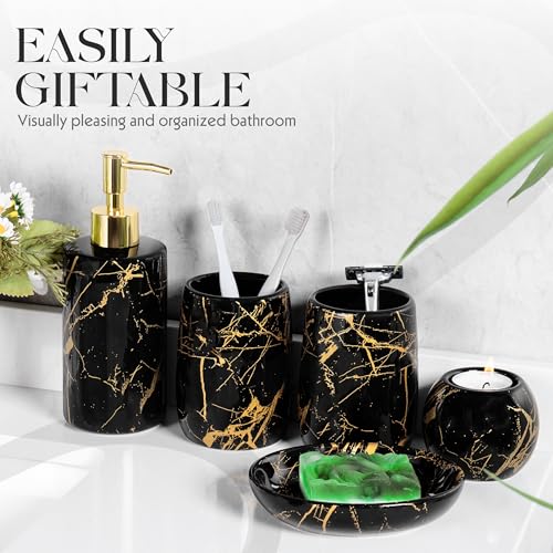 Ceramic Bathroom Accessory Set, 5-Piece Bathroom Accessory Set, Soap Dish, Toothbrush Holder, Soap Dispenser, Bathroom Tumbler & Candle Holder - Modern Bathroom Organizer, (Black & Gold) - color: Black and Gold