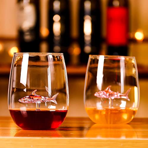 Shark Stemless Crystal Wine Glasses - Personalized Set of 2, Fancy Cool Red Wine Cups, Unique Shark Lover Gifts for Women, Party, Birthday, Wedding (Pink) - color: Pink