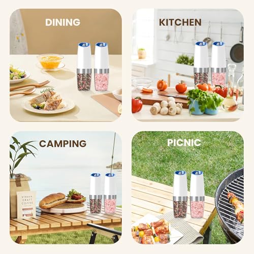 Battery Gravity Salt Pepper Grinder Set, 2 Pack (White) | Gravity Automatic Grinder With LED Light & Adjustable Roughness, Each Requires 6 AAA Batteries For Kitchen Daily Seasoning - color: Battery/Set/White