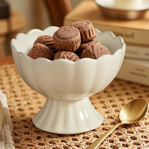 choxila 1pc Ceramic Bowl Footed Dessert Bowls with Spoon, Elegant Trifle Bowl with Pedestal for Candy, Salad, Fruit, Tiramisu, Party Serving Punch Bowls - color: 1pc Ceramic Bowl with Spoon
