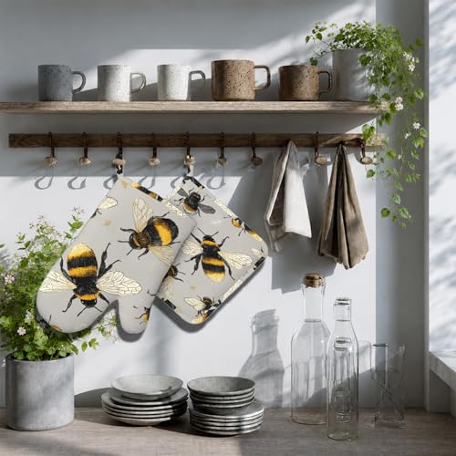 Happy Busy Bees Oven Mitts and Pot Holders Sets Non-Slip Silicone Surface for BBQ Gloves,Kitchen,Cooking,Baking,Grilling - color: Happy Busy Bees
