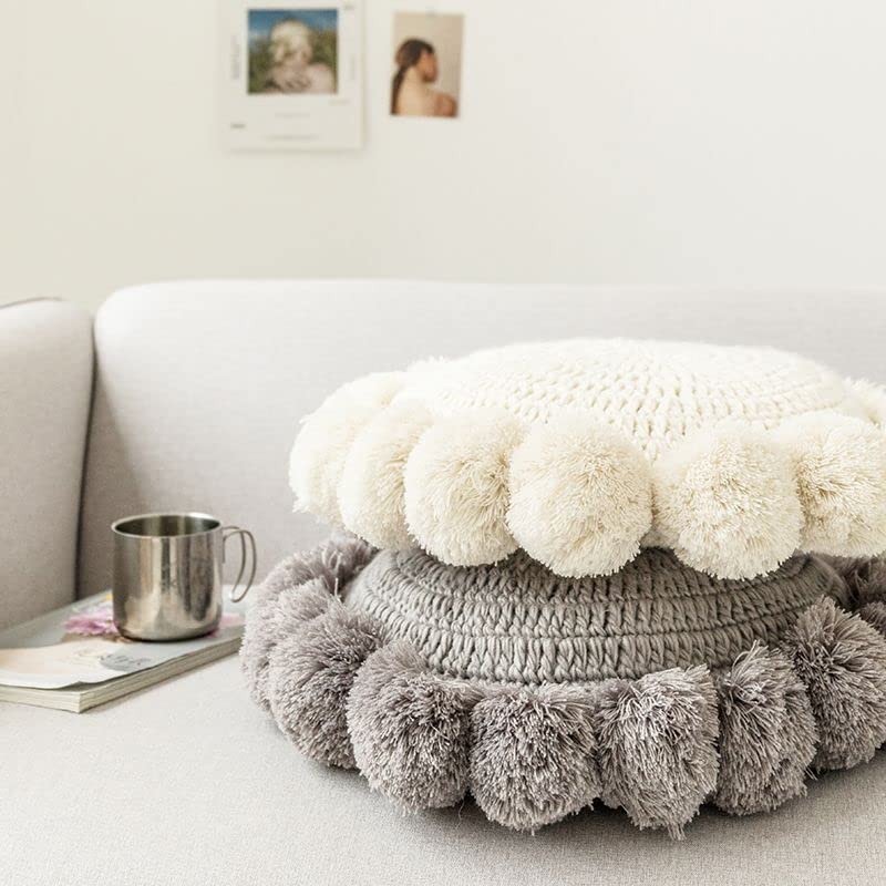 Knitted Throw Pillow Round Couch Pillow Sofa Cute Cushion Handmade Pompoms Decorative Plush Pillow (Beige, Diameter 18inches) - color: Beige