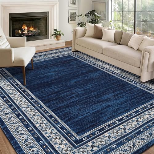 Neutral Rugs for Living Room 9x12 Washable Non Slip Modern Solid Area Rug, Stain Resistant Bordered Soft Carpet, Neutral Foldable Floor Rugs for Bedroom, Dining Room, Nursery, Blue | Non Slip Low Pile Stain Resistant Bordered Foldable Soft Textured Solid