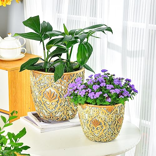 Sungmor Set of 2, 8 & 10 Inch Heavy Duty Embossed Cement Plant Pots | Sturdy Concrete Garden Planters with Drainage Holes, Decorative Flower Pots for Indoor Outdoor Home & Patio Decor