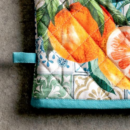 Maison d' Hermine 100% Cotton Oven Mitt & Pot Holder Set (7.5"x13" & 8"x8") | Heat Resistant BBQ Cooking Gloves with Loop Baking Grilling Kitchen Hotel Home Farmhouse Spring Summer - Agrume - color: 010 - Agrume, size: 7.5" x 13" & 8" x 8" (Oven Mitt & Po