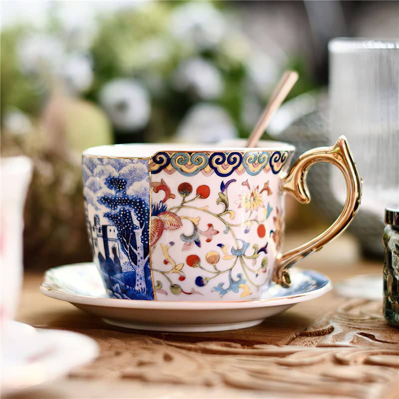 Ceramic Coffee Cup Saucer Gift Box Chinese Style Creative Color Matching Teacup Set Blue and White Porcelain Handle Mug Water