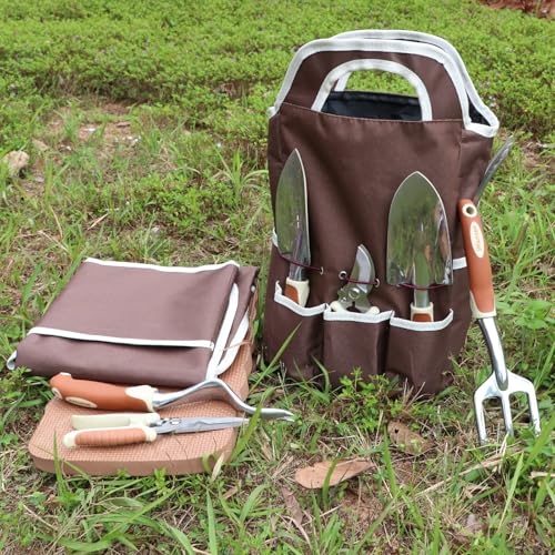 Brown Garden Tools Set 12-Piece, Gardening Gifts for Women Men | Aluminum Garden Hand Tool Kit with Non-Slip Ergonomic Handle, Storage Tote Bag, Apron, Gloves and Kneeling Pad for Gardeners - color: brown