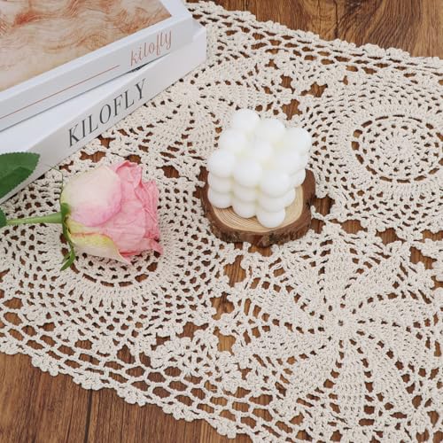 kilofly Handmade Crochet Cotton Rectangular Table Runner, 15 x 43 inch, Beige - color: Beige, size: 15 x 43 Inch
