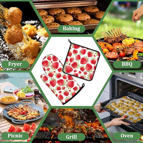 Watercolor Strawberry Oven Mitts and Pot Holders Set 4 Pcs Extra Long Heat Resistant Gloves Potholder for Baking, BBQ, Grilling - color: Watercolor Strawberry