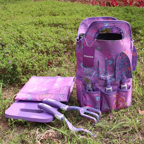 Purple Garden Tools Set 10 Pieces, Gardening Gifts for Women | Aluminum Alloy Steel Hand Tool Kit w/Non-Slip Ergonomic Handle, Floral Print Garden Supplies Organizer Handbag, Gardening Set - color: purple