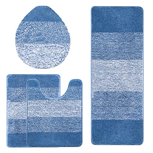Bsmathom Bathroom Rug Set 4 Piece, Plush Microfiber Bath Mat, Blue | Extra Water Absorbent, Non Slip Washable Runner Bath Rugs with Toilet Lid Cover and U-shaped Contour Toilet Mat - color: Blue, size: 18"x26"+18"x48"+U20"x24"+Cover19"x21"