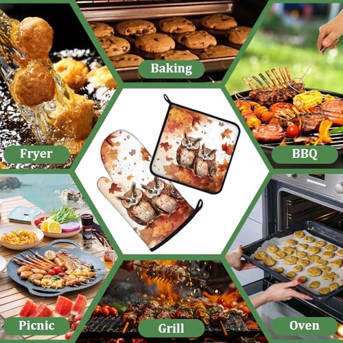 Autumn Maple Owls Oven Mitts and Pot Holders Sets 4 Pcs Silicone Kitchen Gloves Heat Resistant Fall Potholders for Baking Grilling BBQ - color: Fall Owl