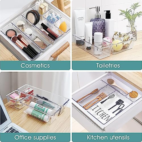 25 PCS Clear Plastic Drawer Organizer Set, 4 Sizes Stackable Storage Bins with Non-Slip Silicone Pads, Desk Bathroom Kitchen Makeup Office Drawer Organizers for Cosmetics,Gadgets & Accessories