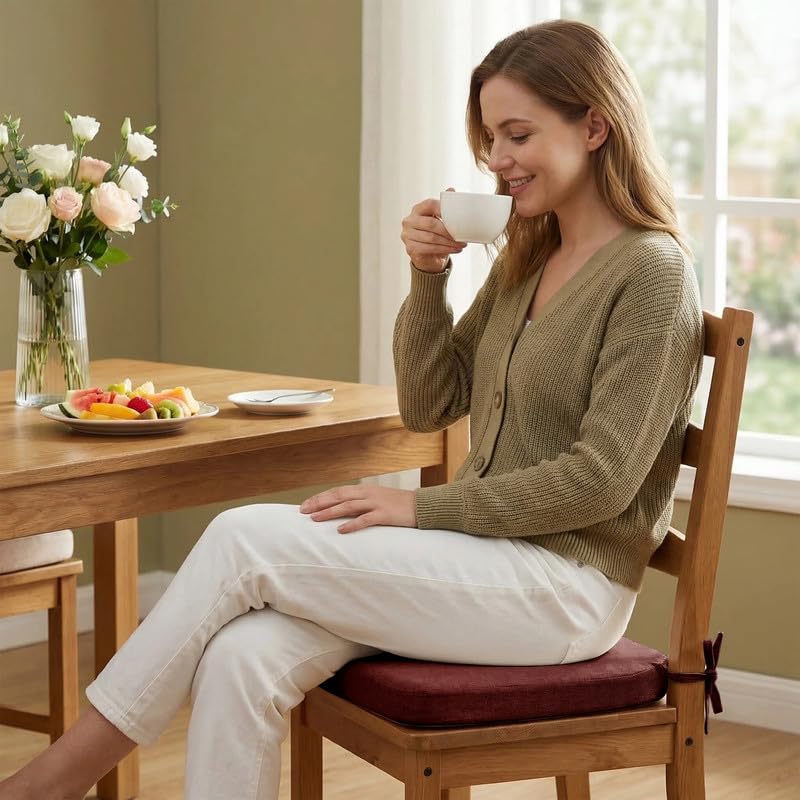 D-Shaped Chair Cushions Set of 1, Chair Pads with Ties, 17" x 16" | 2" Thick Non Slip Seat Cushion for Dining & Kitchen Chairs, 40D Foam, Removable Washable Cover, Burgundy - color: Burgundy