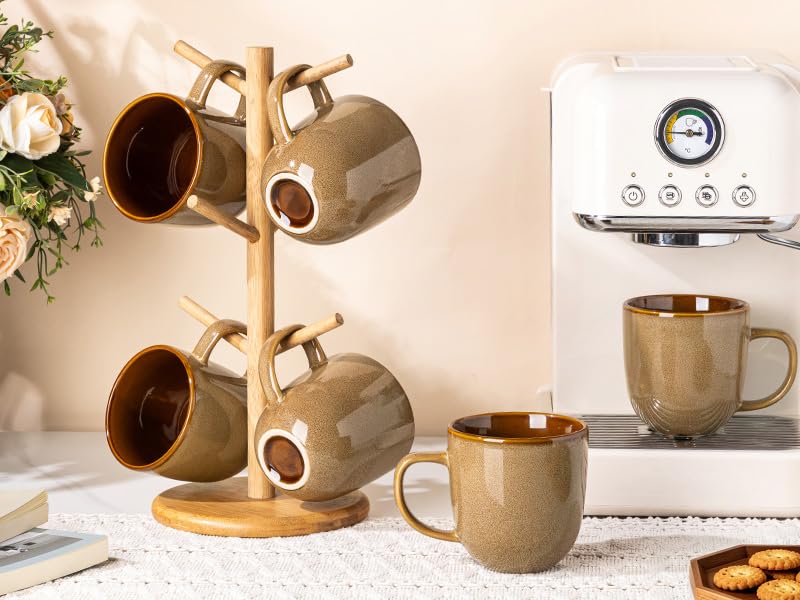 LERATIO Ceramic Coffee Mugs Set of 6,12oz Handmade Coffee Mugs Set | Large Handle for Cappuccino/Latte/Tea/Hot Cocoa,Oven &Dishwasher & Microwave Safe-Chestnut - color: Chestnut