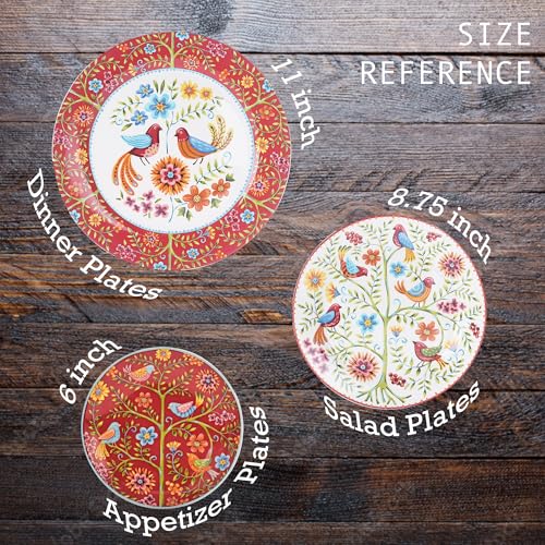 Bico Red Spring Bird Salad Plates Set of 4, 8.75 Inch Ceramic Dessert Plates for Salad, Appetizer, Side Dishes, Microwave and Dishwasher Safe, Gift for Housewarming and Thanksgiving - color: Red Spring Bird