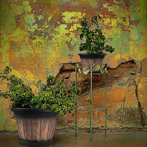 Quarut Large Plastic Plant Pots Set of 4 Pack13 inch,Whiskey Barrel Planters with Drainage Holes & Saucer.Flower Pots Imitation Wine Barrel Design for Indoor & Outdoor Garden Balcony Plants (Brown) - size: 13 inches