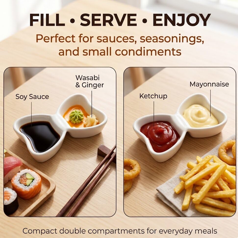 Dipping Bowls, 2-Compartment, 2-Pack, Yellow | Butterfly-shaped ceramic cups keep dips apart in separate wells; 3 oz dishes serve sushi, snacks, condiments, and appetizers. - color: Yellow