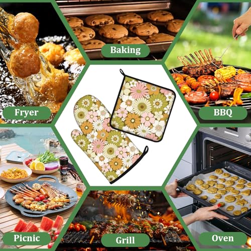 Retro 70s Style Flower Oven Mitts and Pot Holders Set 4 Pcs Extra Long Heat Resistant Gloves Potholder for Baking, BBQ, Grilling - color: Retro 70s Style Flower