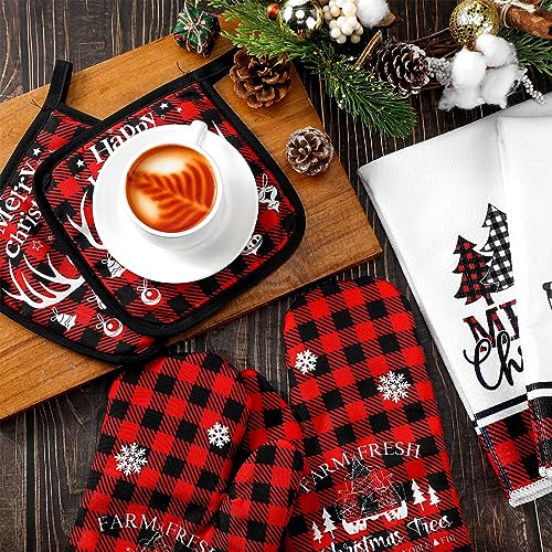 Bencailor 6 Pcs Christmas Kitchen Set Christmas Tree Kitchen Towels Oven Mitts and Pot Holders Set Dish Towel Heat Resistant Oven Mitts for Xmas Decor Cooking Baking Grilling(Tree) - style: Tree