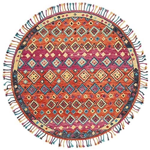 SAFAVIEH Aspen Collection Area Rug - 8' Round, Orange & Fuchsia, Handmade Boho Braided Tassel Wool, Ideal for High Traffic Areas in Living Room, Bedroom (APN138A) - size: 8' (Round)