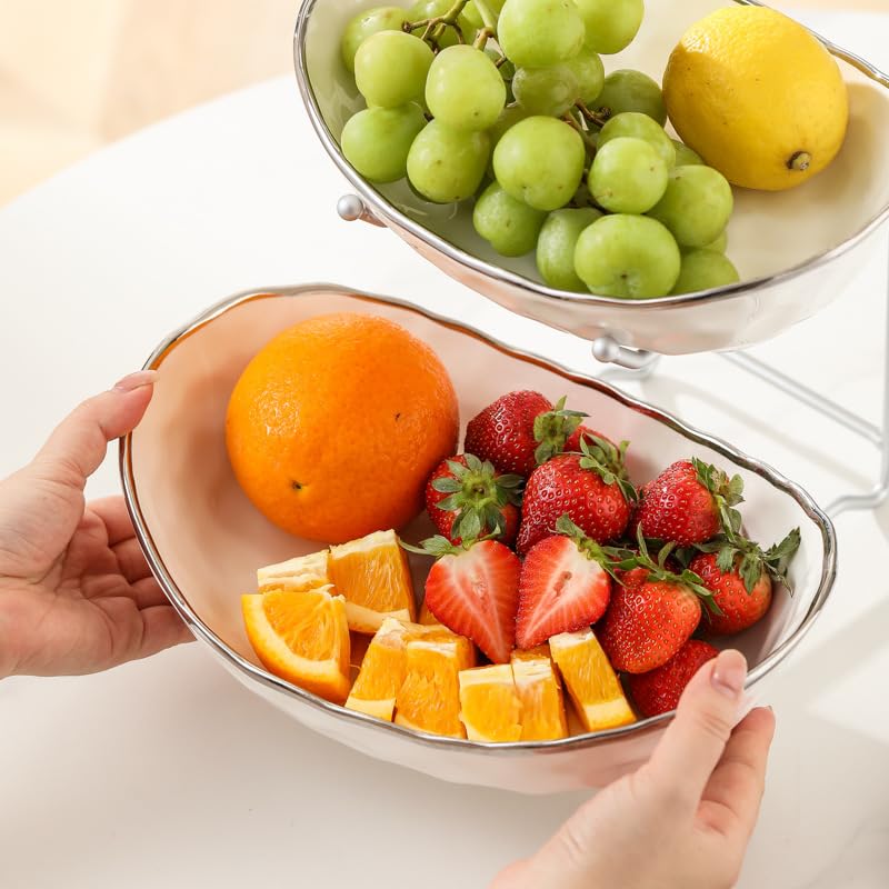 White Fruit Bowl with Gold Metal Stand, 3 Tier Modern Ceramic Fruit Bowl Fruit Rack for Kitchen Counter, Tiered Fruit Basket for Snacks Bread Candy Storage (White,3 Tier) - color: White A,3 Tier