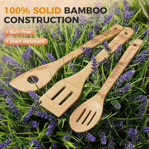 Wooden Spoons for Cooking Bamboo Utensils Set (6 Pieces) - Essential Tools Wooden Spoons & Spatula for Everyday Stirring, Mixing, Flipping & Serving, Gentle on Nonstick Cookware
