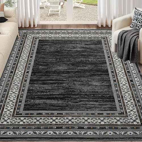 Modern Solid 8x10 Area Rugs for Living Room Washable Non Slip Neutral Rugs, Stain Resistant Bordered Soft Carpet, Neutral Foldable Floor Rugs for Bedroom, Dining Room, Nursery, Black | Non Slip Low Pile Stain Resistant Neutral Bordered Soft Foldable Rug f