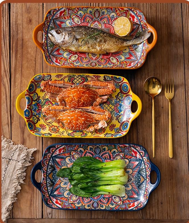 Serving Tray with Handles Rectangular Serving Platter Ceramic Extra Large Plates & Dishes Rectangle (Sunset Fiesta) - color: Sunset Fiesta