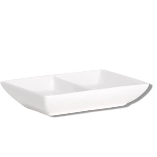 Needzo White Ceramic Divided Ceramic Dish, Two Compartment Dipping Sauce Container Appetizer Holder for Parties, Pack of 2, 4 Inches