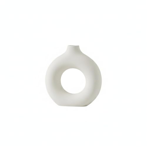 Ceramic Donut Vase, White Sculptural Ring Centerpiece for Shelf Mantel Desk Display (1 PC) - size: 8.46 x 2.56 x 9.06 in