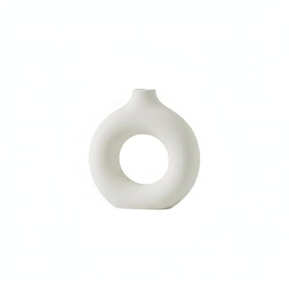 Ceramic Donut Vase, White Sculptural Ring Centerpiece for Shelf Mantel Desk Display (1 PC) - size: 8.46 x 2.56 x 9.06 in