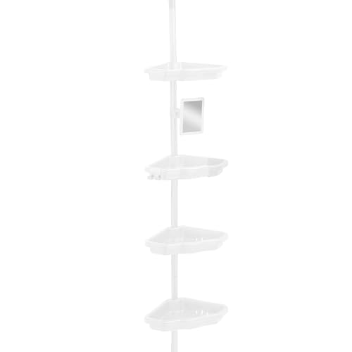 Bath Bliss 4 Tier Corner Shower Organizer | Shelves | Adjustable 4Ft-8Ft| Bathroom Organizer | Bathtub and Shower Shall | Holds Large Bottles | Includes Mirror | Accessory Hooks | White - color: White
