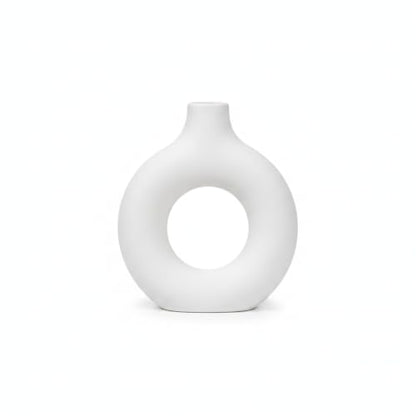Modern Torus Ring Vase, Geometric Donut Shape Flower Holder for Home and Office Decor, White Plastic Sculptural Accent