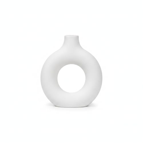 Modern Torus Ring Vase, Geometric Donut Shape Flower Holder for Home and Office Decor, White Plastic Sculptural Accent