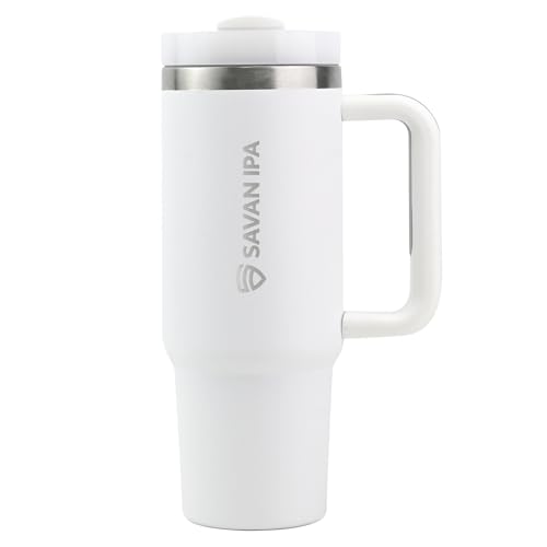 Insulated Tumbler, White, 30 oz | Stainless Steel Vacuum, Handle and Straw, Leak Resistant Lid, Fits Car Cup Holder - color: White, size: 30 oz