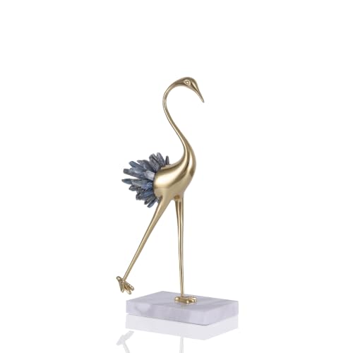suruim Elegant Gold Crane Bird Statues with Crystal Tail Accents, Decorative Brass Figurines for Home Decor (Blue B) | Brass Bird Sculpture on Marble Base, Modern Tabletop Decor for Living Room, Entryway, Office and Shelf(Blue B) - color: Blue B, size: B