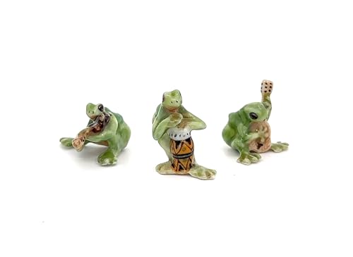 Handmade Adorable Mini Ceramic Animal Figurine – Porcelain Miniature Collectible Decor (Set of 3 Mini Frog Band) - style: Set of 3 Mini Frog Band